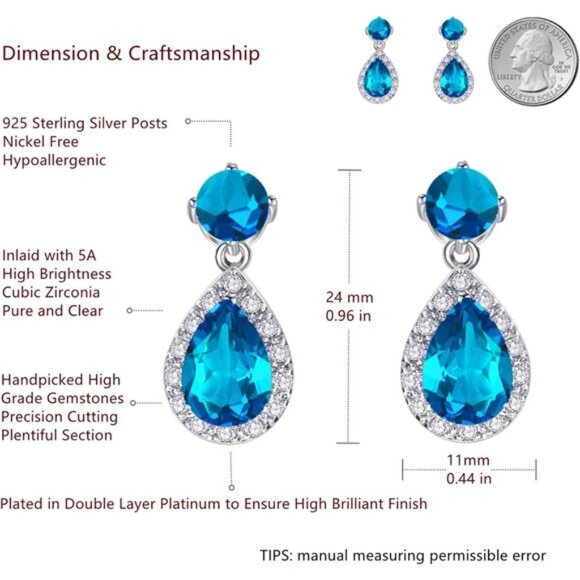 Drop Dangle Earrings - White Gold Plated Gemstone Teardrop Crystal Hypoallergeni - Picture 4 of 8